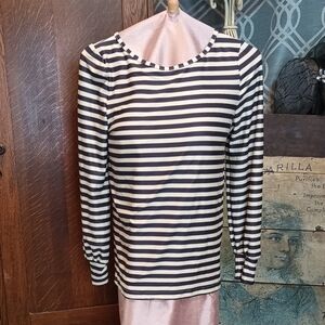 NWT. Fitted Charcoal Gray And Ivory Striped Rounded Neck Long Balloon Sleeve Top